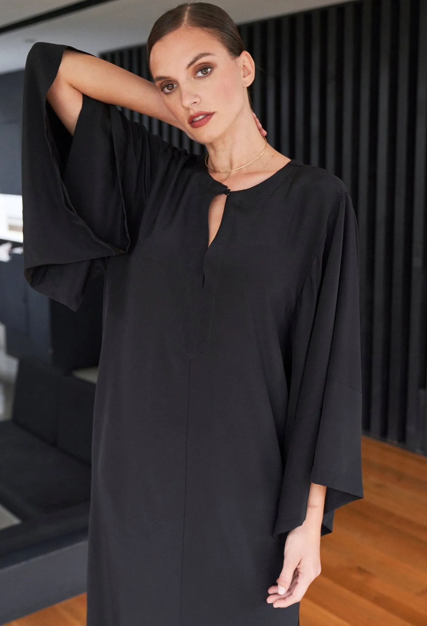 Kimono Sleeve Silk Tunic Dress with Keyhole neckline - Black