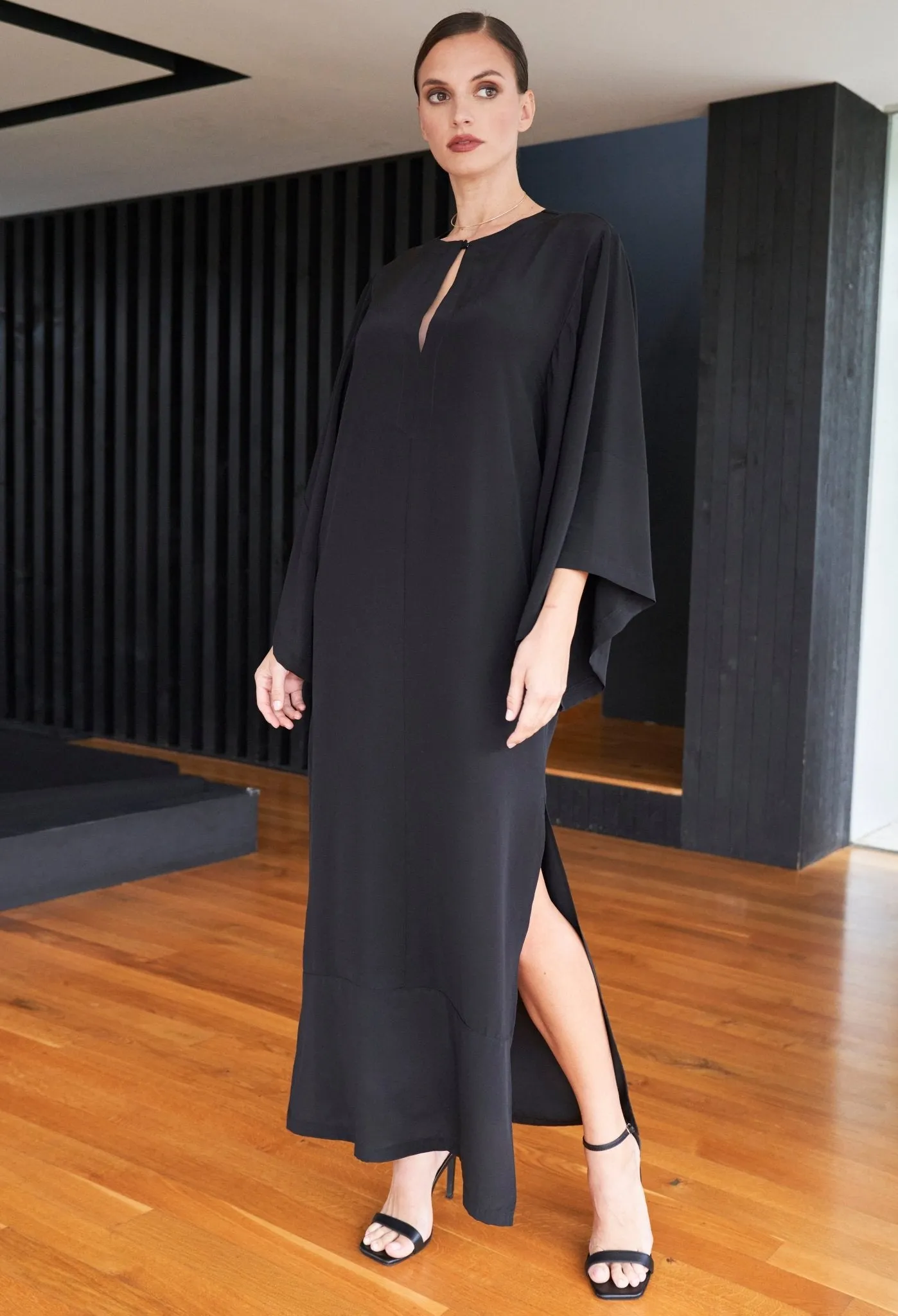 Kimono Sleeve Silk Tunic Dress with Keyhole neckline - Black