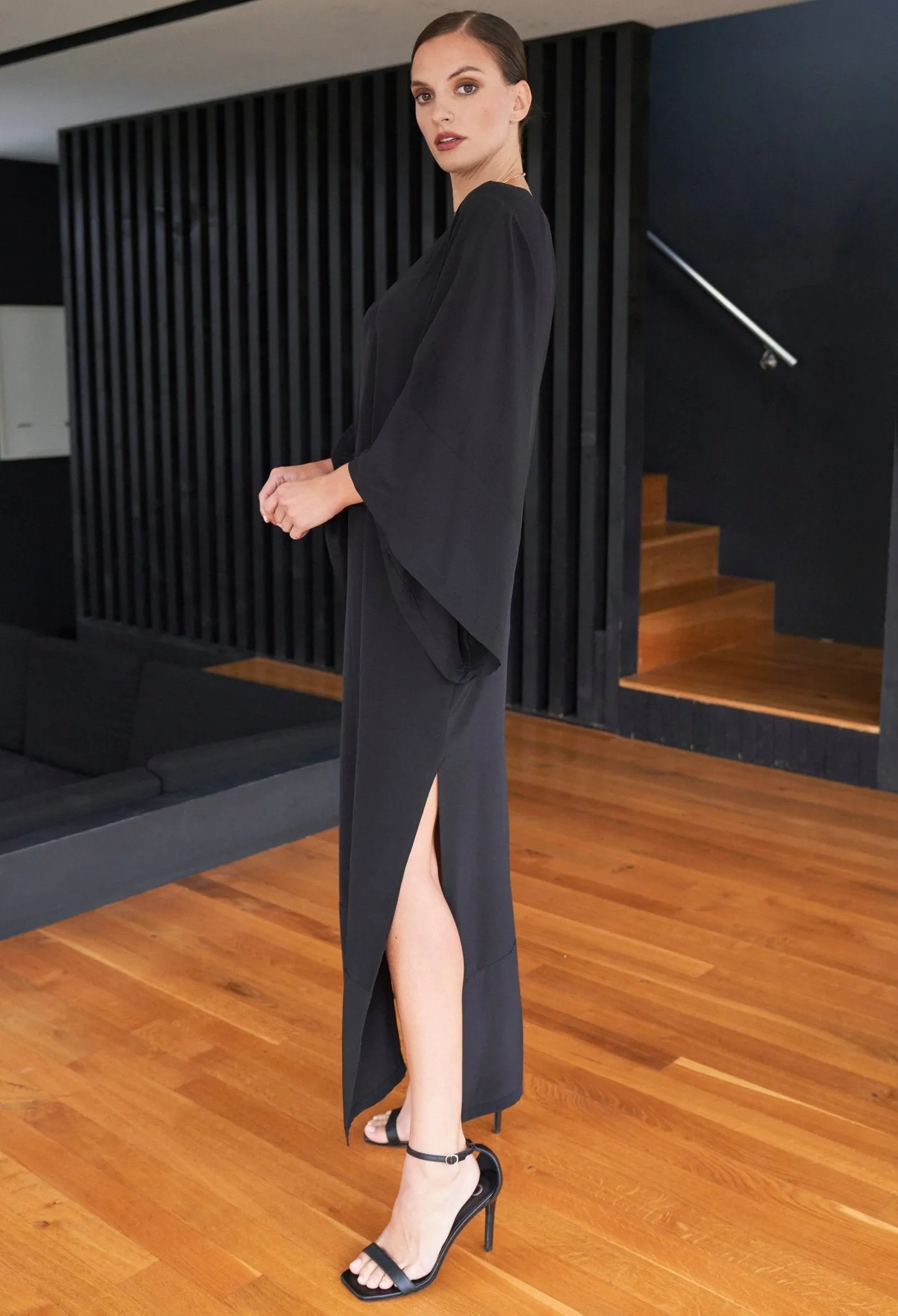 Kimono Sleeve Silk Tunic Dress with Keyhole neckline - Black