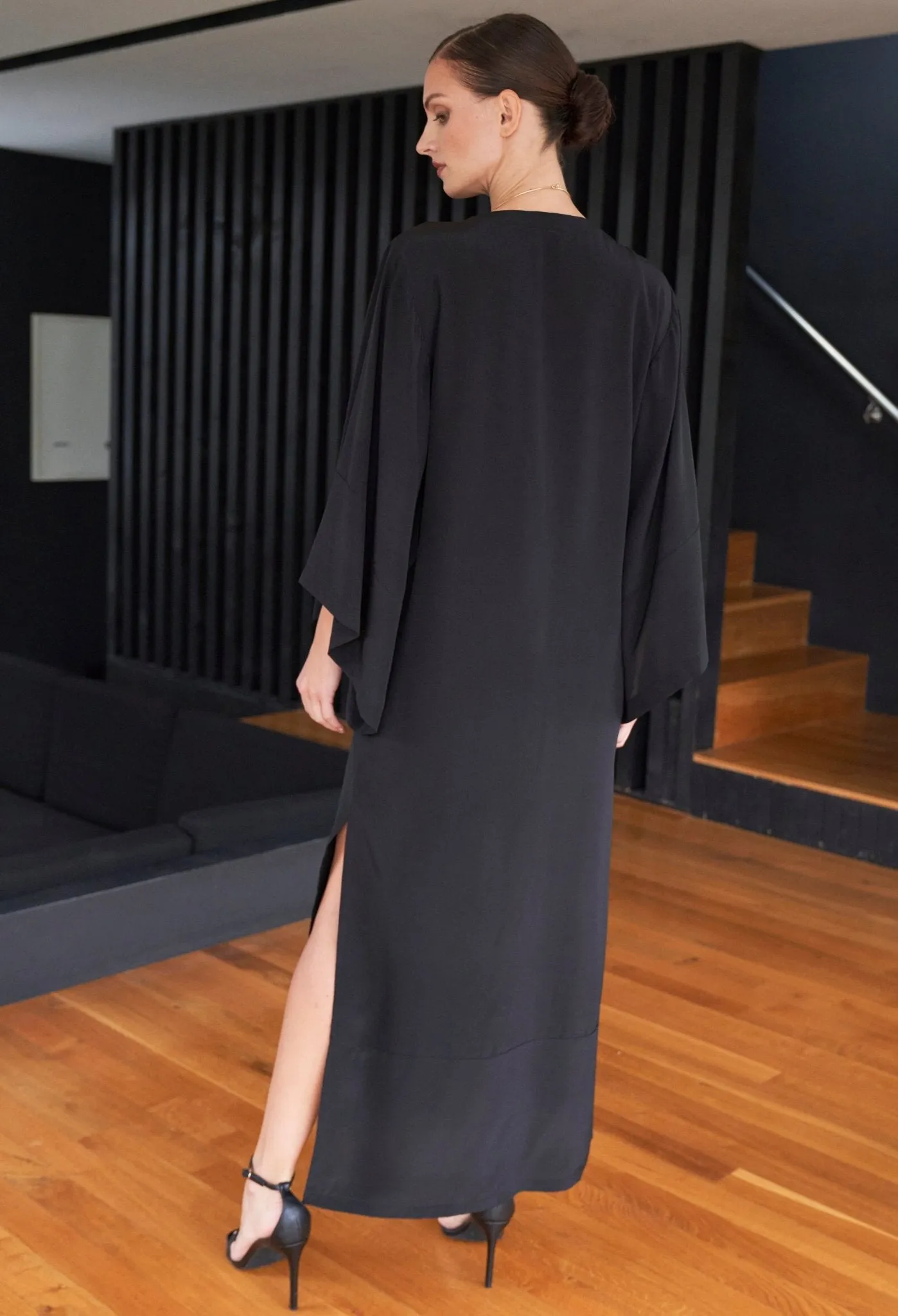 Kimono Sleeve Silk Tunic Dress with Keyhole neckline - Black