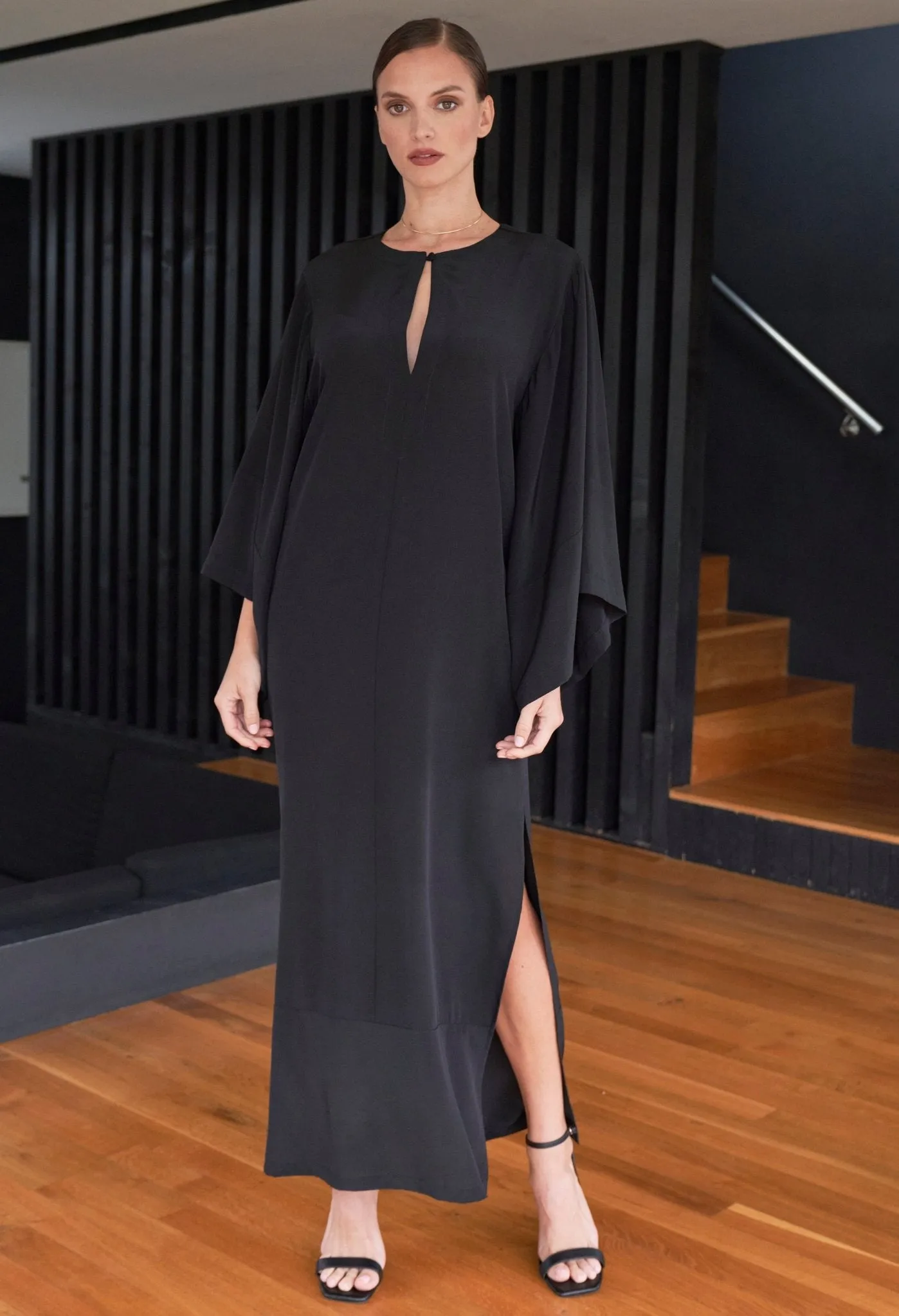 Kimono Sleeve Silk Tunic Dress with Keyhole neckline - Black