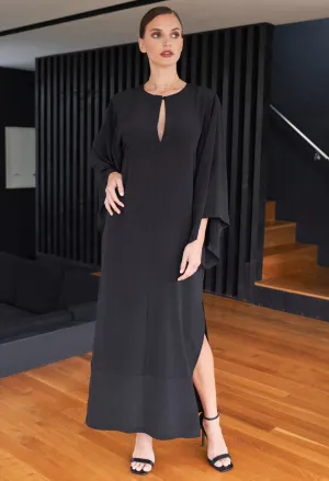 Kimono Sleeve Silk Tunic Dress with Keyhole neckline - Black