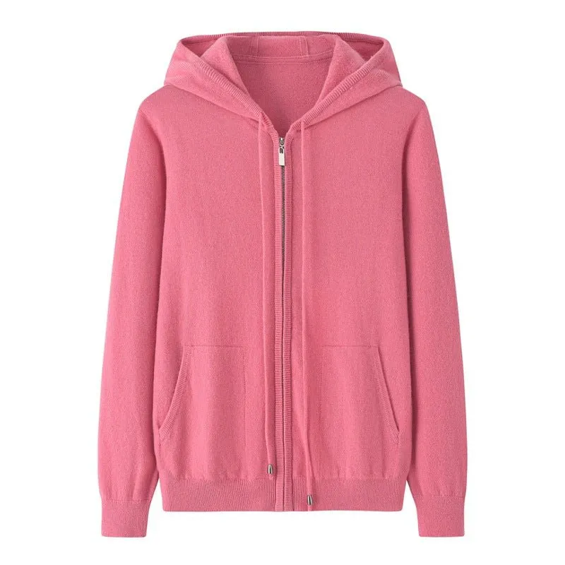 Kvinnors zip-up cashmere hoodie med kängurufickor kashmir cardigans
