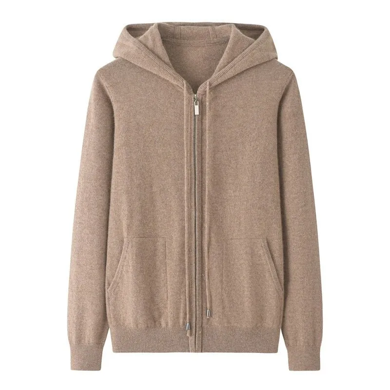 Kvinnors zip-up cashmere hoodie med kängurufickor kashmir cardigans