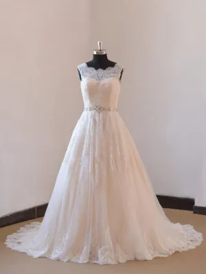 Lace A-Line Sleeveless Wedding Gown With Low-V Back and Beaded Sash-ET_711627