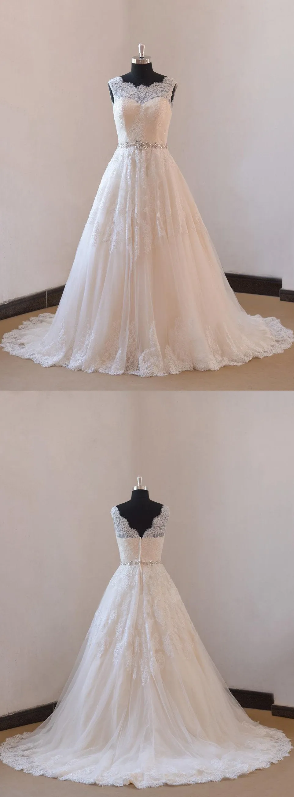 Lace A-Line Sleeveless Wedding Gown With Low-V Back and Beaded Sash-ET_711627