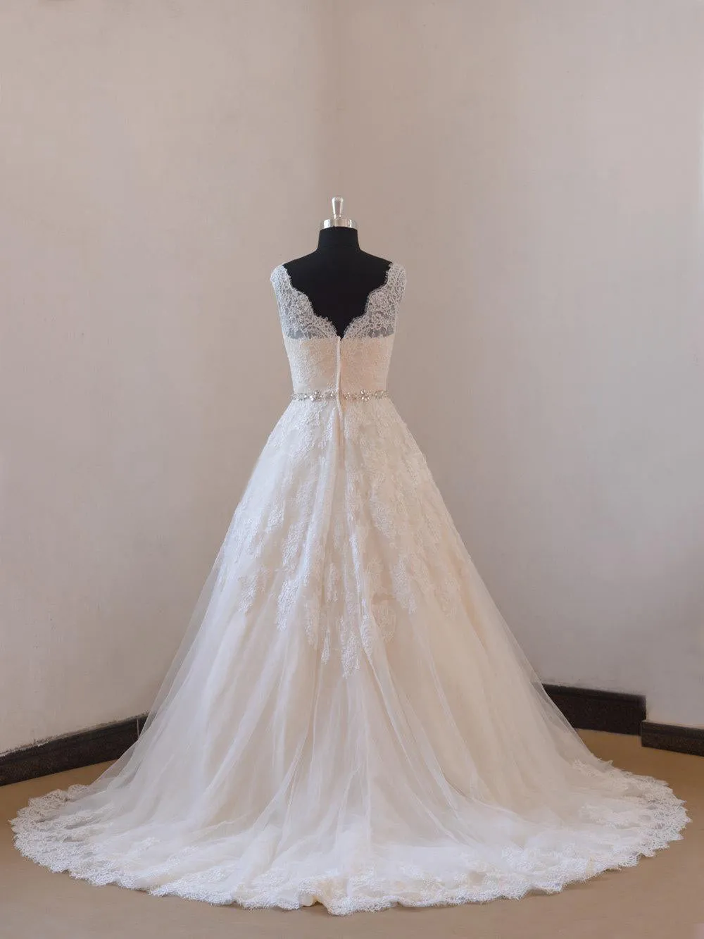 Lace A-Line Sleeveless Wedding Gown With Low-V Back and Beaded Sash-ET_711627