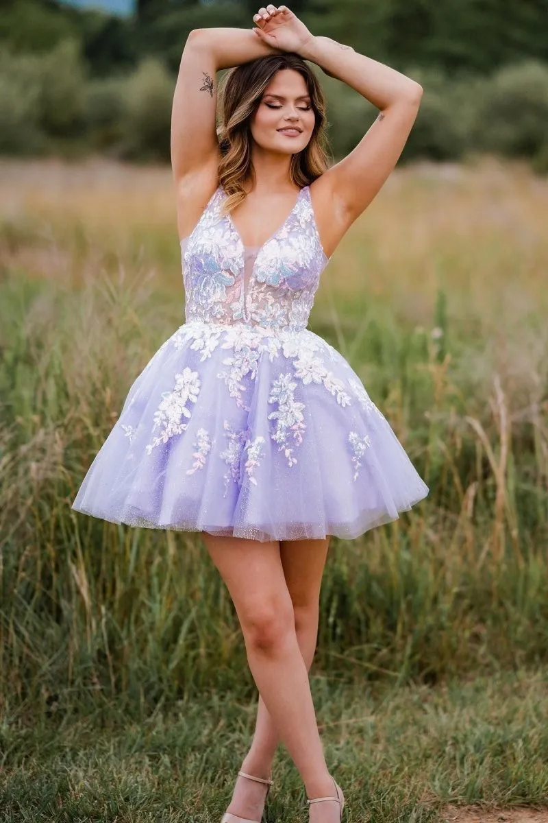 Lace Plunge V Backless A-line Short Homecoming Dresses