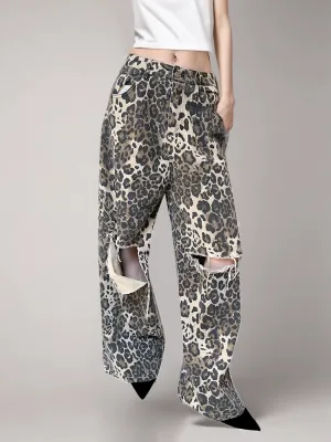 Leopard Print Distressed Jeans Wide Leg Pants