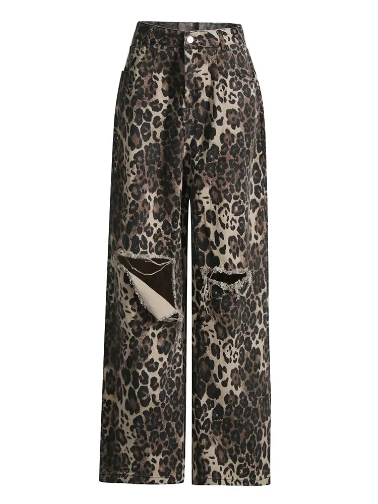Leopard Print Distressed Jeans Wide Leg Pants
