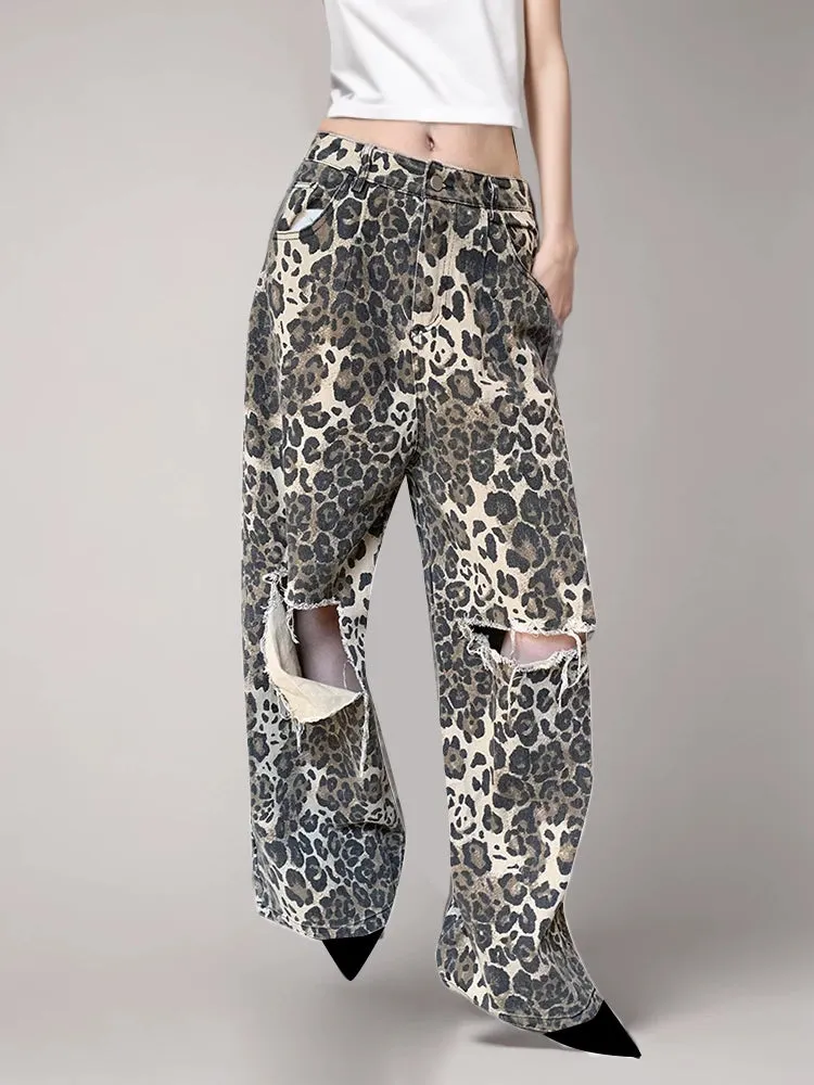 Leopard Print Distressed Jeans Wide Leg Pants