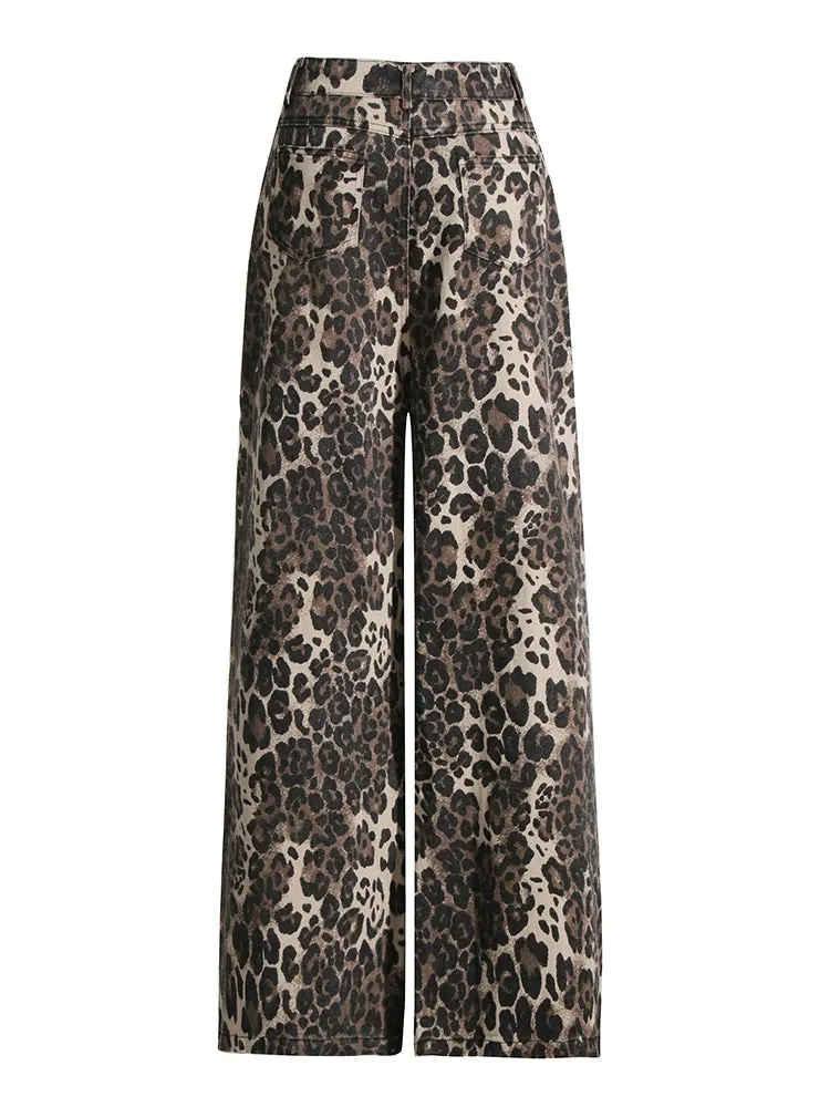 Leopard Print Distressed Jeans Wide Leg Pants