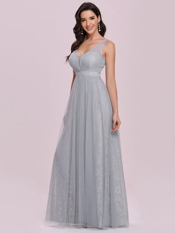 Light Grey Prom Dress V-Neck A-Line Sleeveless Sash Lace Tulle Floor-Length Evening Dresses