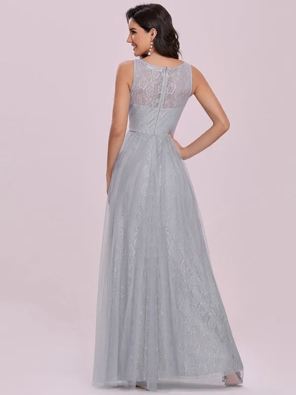 Light Grey Prom Dress V-Neck A-Line Sleeveless Sash Lace Tulle Floor-Length Evening Dresses