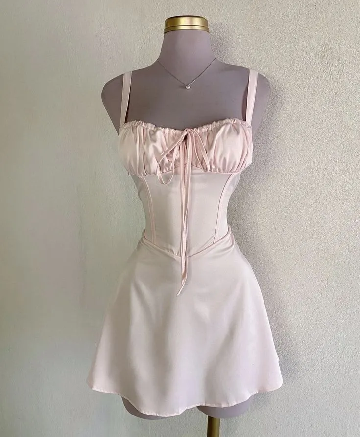 Light Pink Straps A-Line Satin Short Party Dresses Cute Homecoming Dresses, D1076