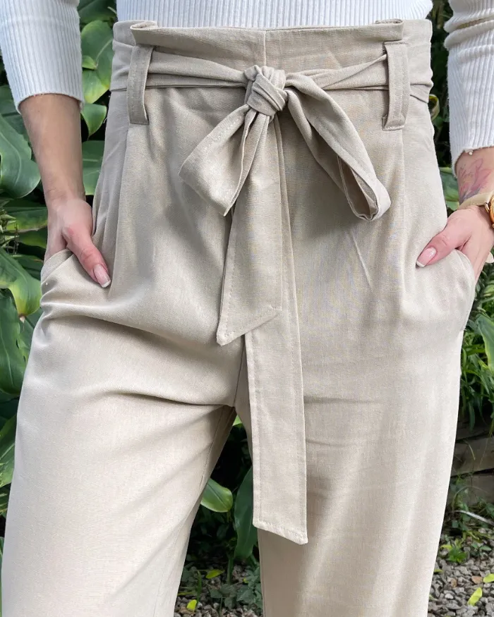 Linen Paperbag  Styled Pants - Sandy