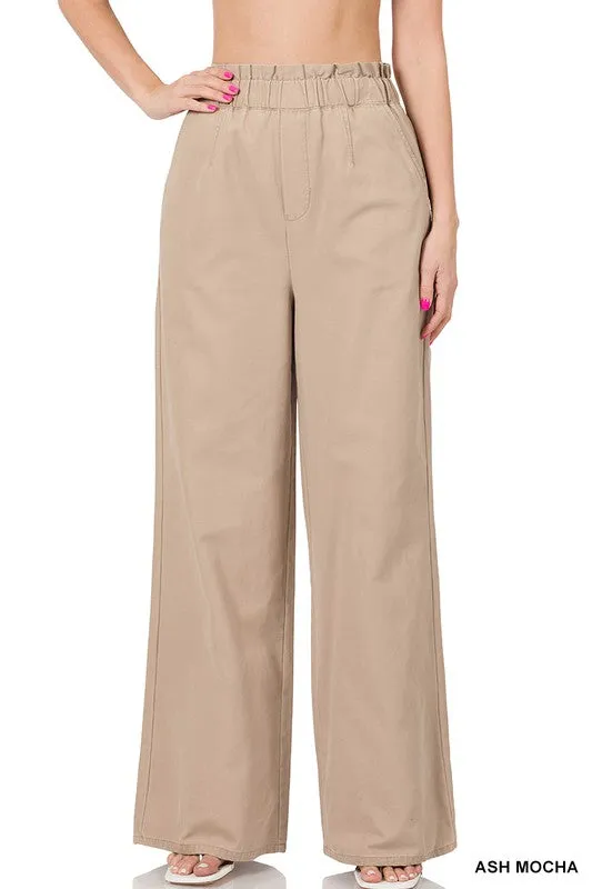 LONG CANVAS PAPERBAG WAIST WIDE LEG PANTS