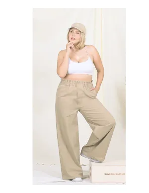 LONG CANVAS PAPERBAG WAIST WIDE LEG PANTS