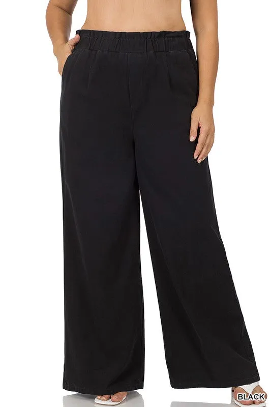 LONG CANVAS PAPERBAG WAIST WIDE LEG PANTS