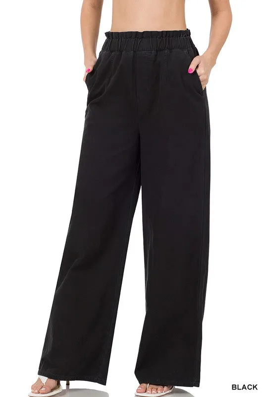 LONG CANVAS PAPERBAG WAIST WIDE LEG PANTS