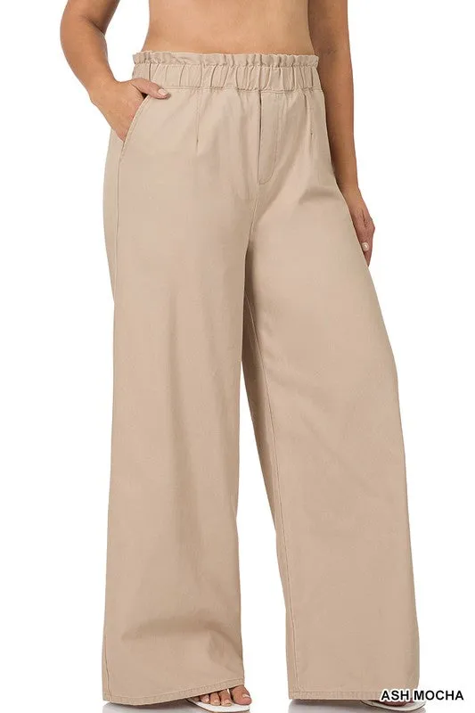 LONG CANVAS PAPERBAG WAIST WIDE LEG PANTS