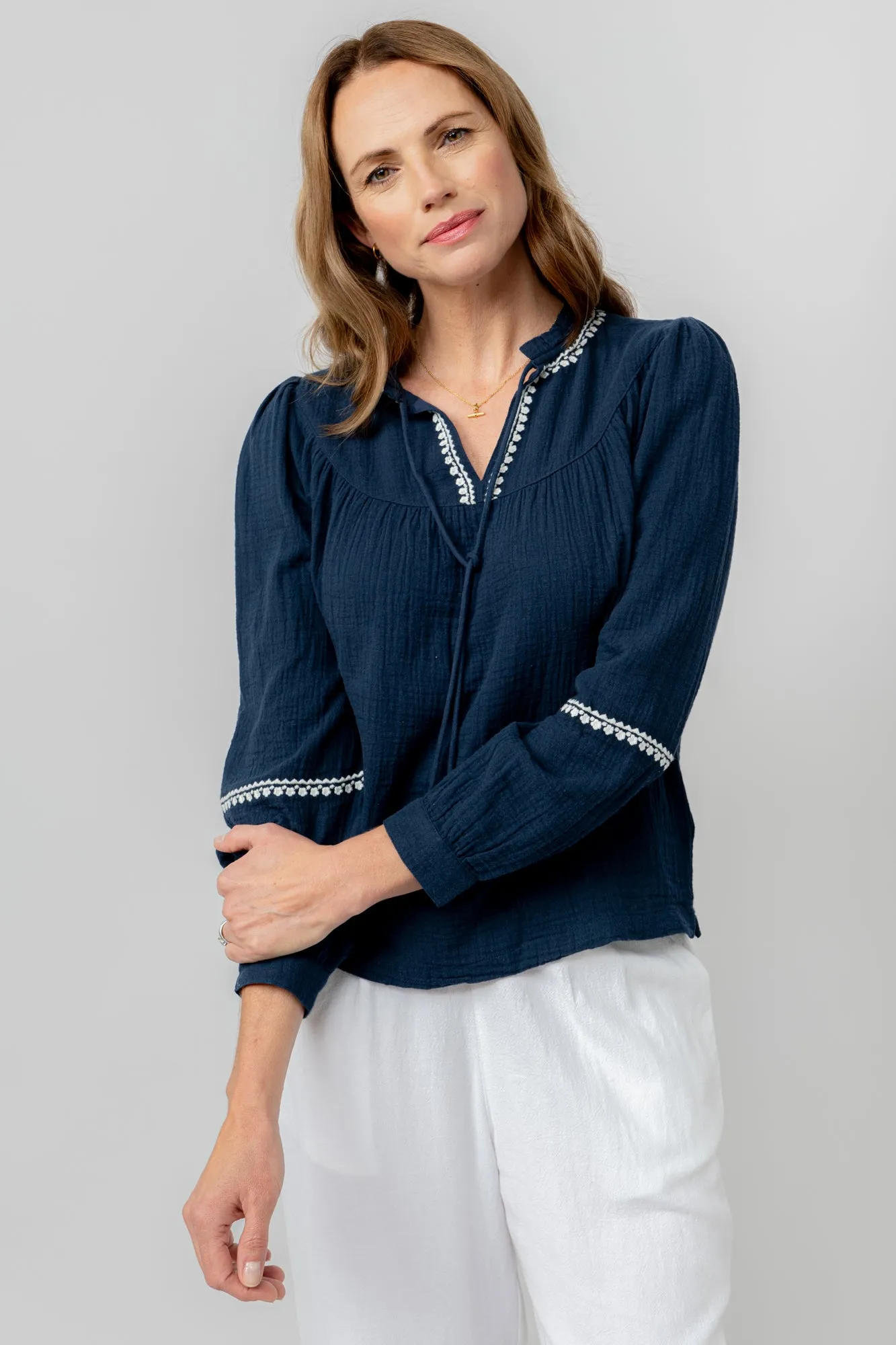 Lori Embroidered Double Cloth Cotton Top
