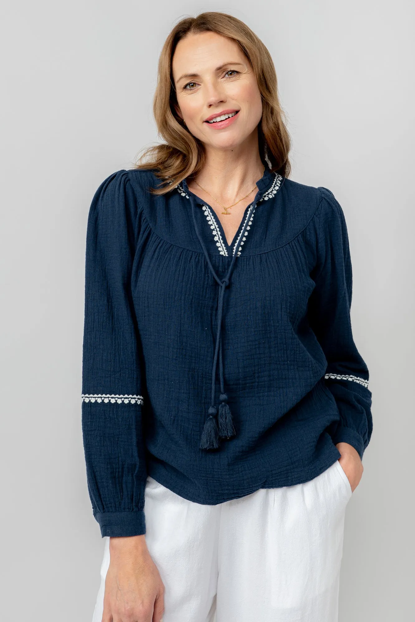 Lori Embroidered Double Cloth Cotton Top