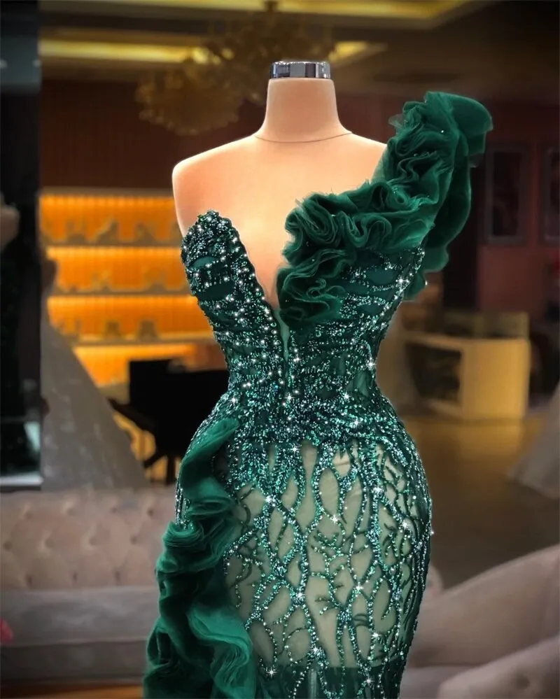 Luxury Design Side Split Ruffles Glitter Sequins Dress