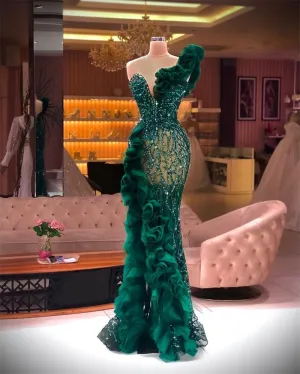 Luxury Design Side Split Ruffles Glitter Sequins Dress