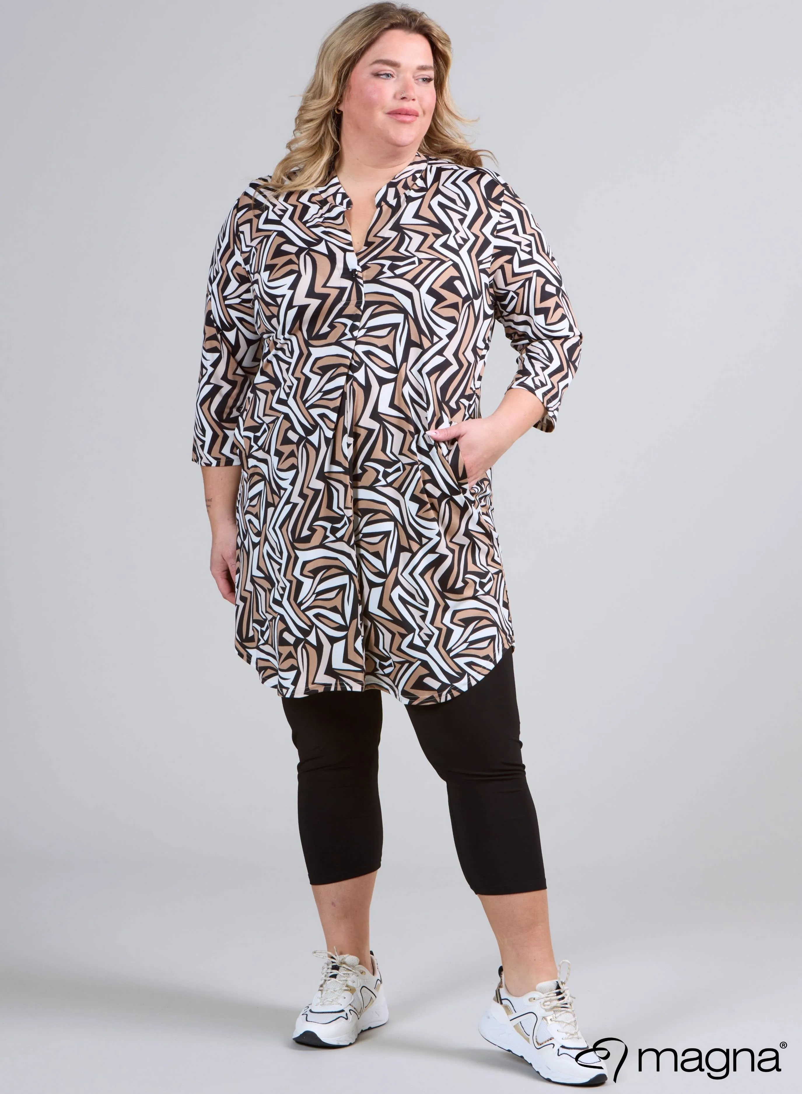 Magna A-Line Long Pocket Tunic Tribal Geo Print Sand