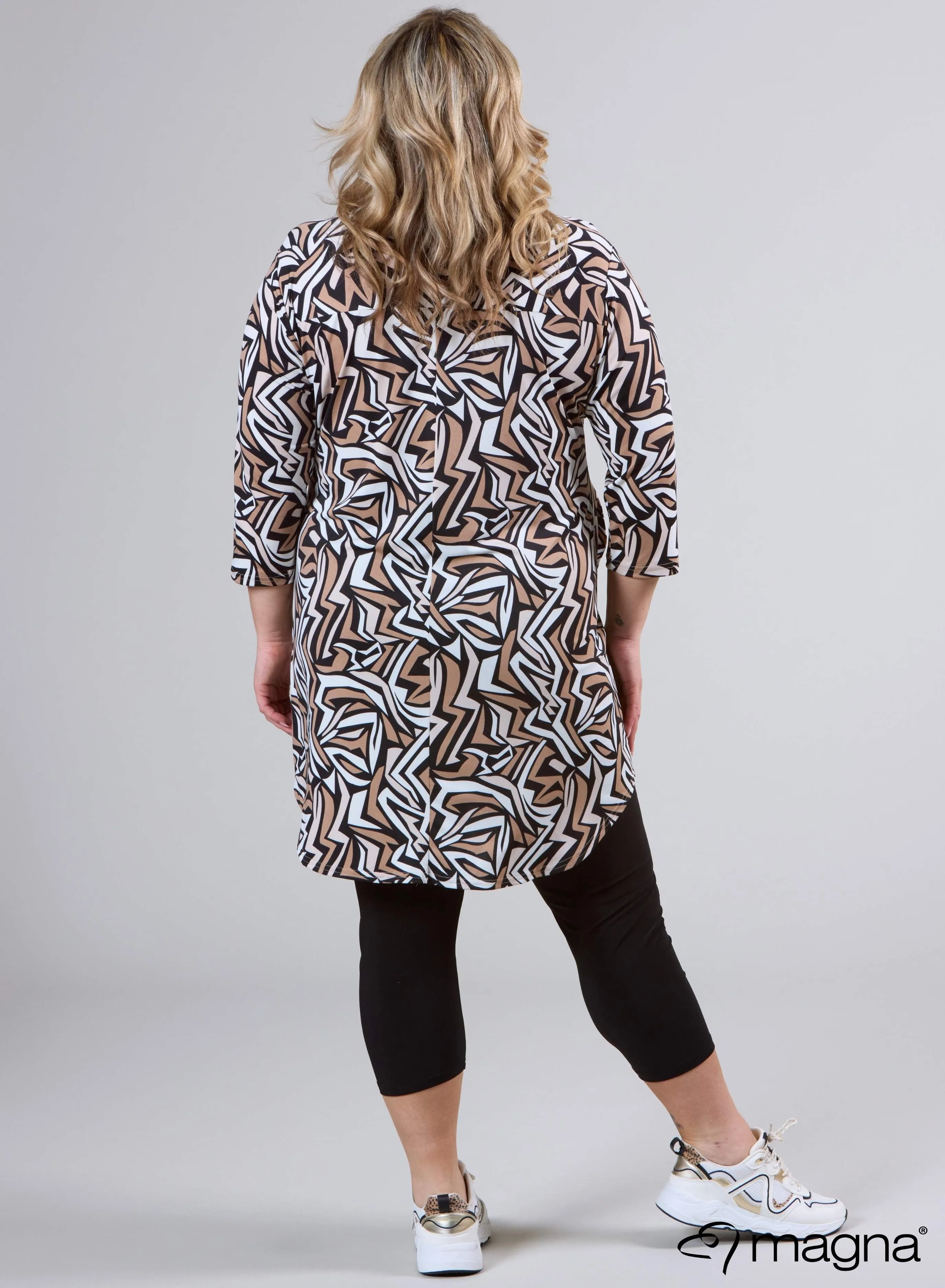 Magna A-Line Long Pocket Tunic Tribal Geo Print Sand
