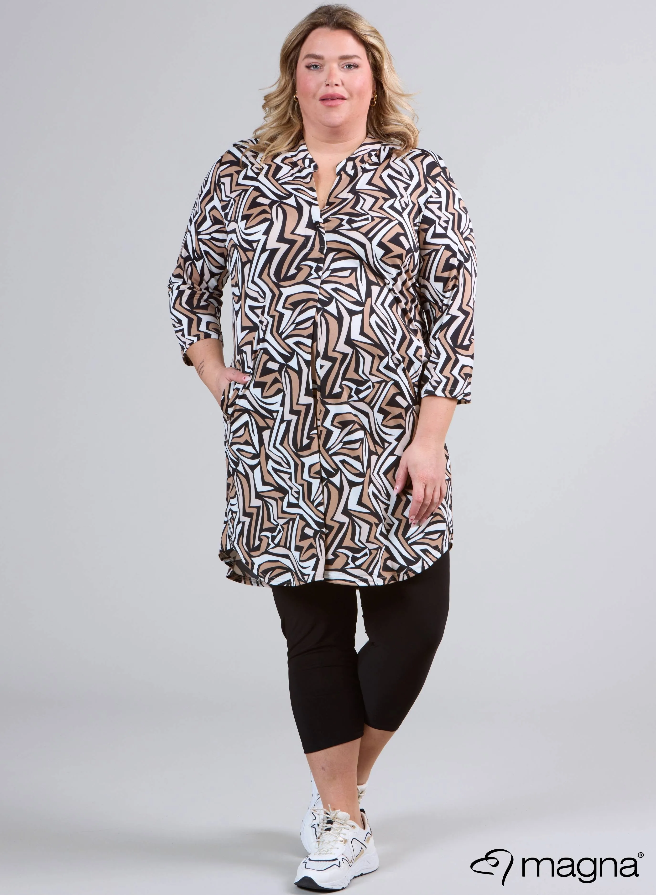 Magna A-Line Long Pocket Tunic Tribal Geo Print Sand