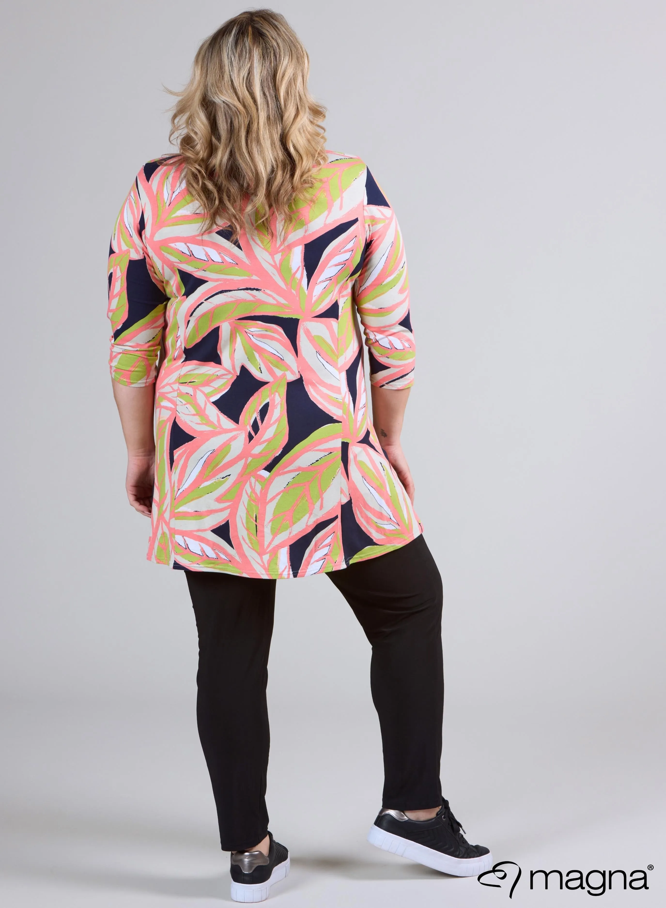 Magna A-line Long Shirt / Tunic Art Leaves Lime Coral