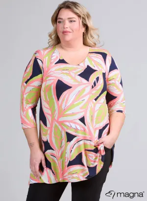 Magna A-line Long Shirt / Tunic Art Leaves Lime Coral