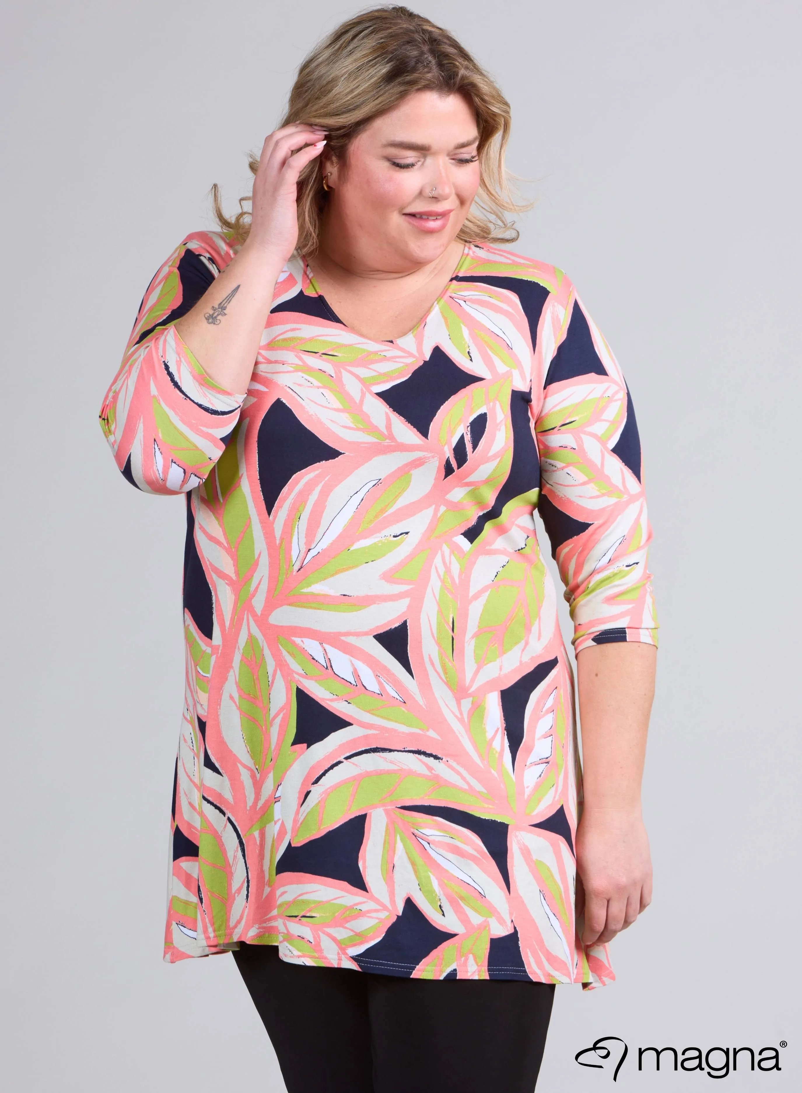 Magna A-line Long Shirt / Tunic Art Leaves Lime Coral
