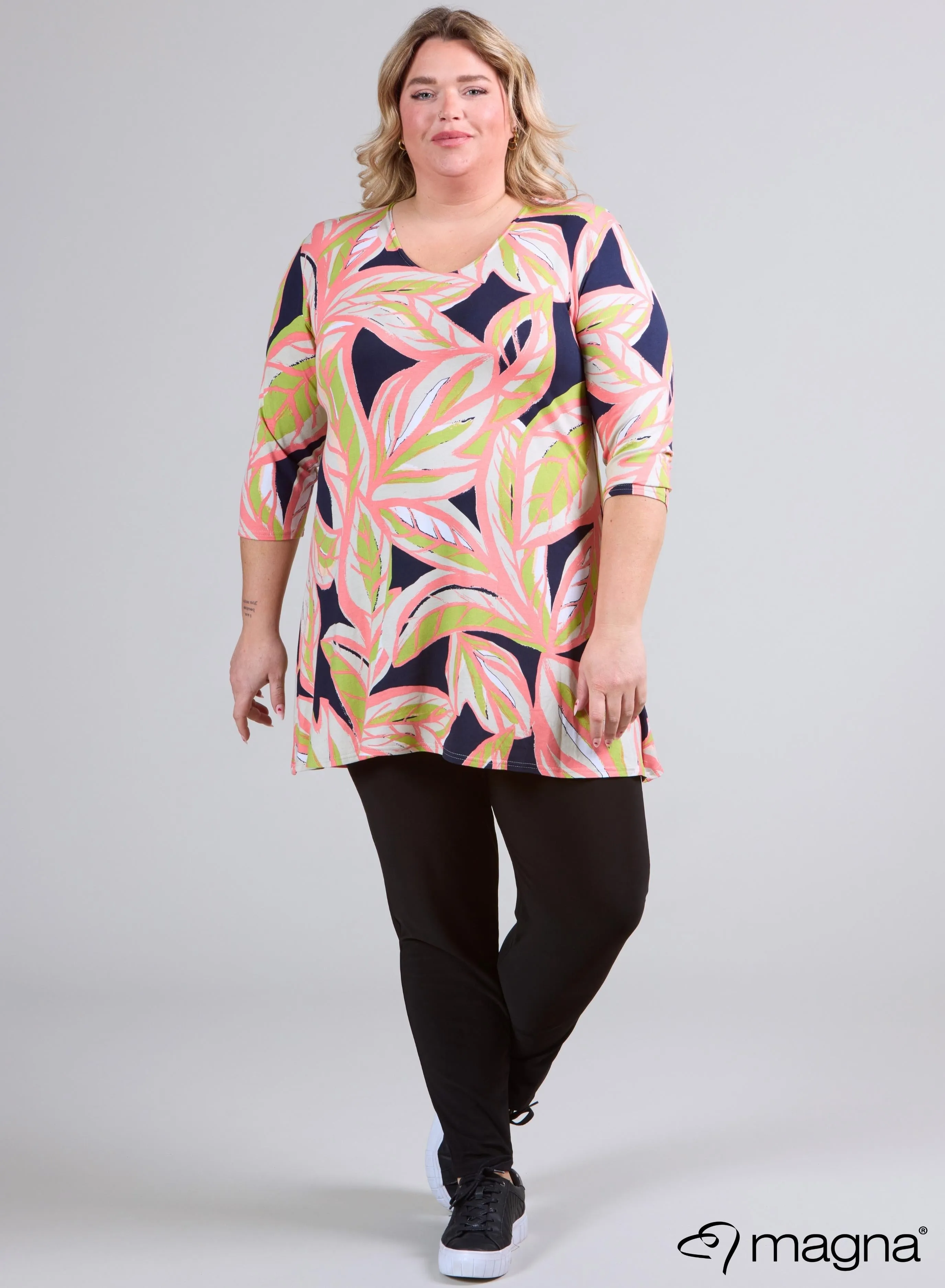 Magna A-line Long Shirt / Tunic Art Leaves Lime Coral