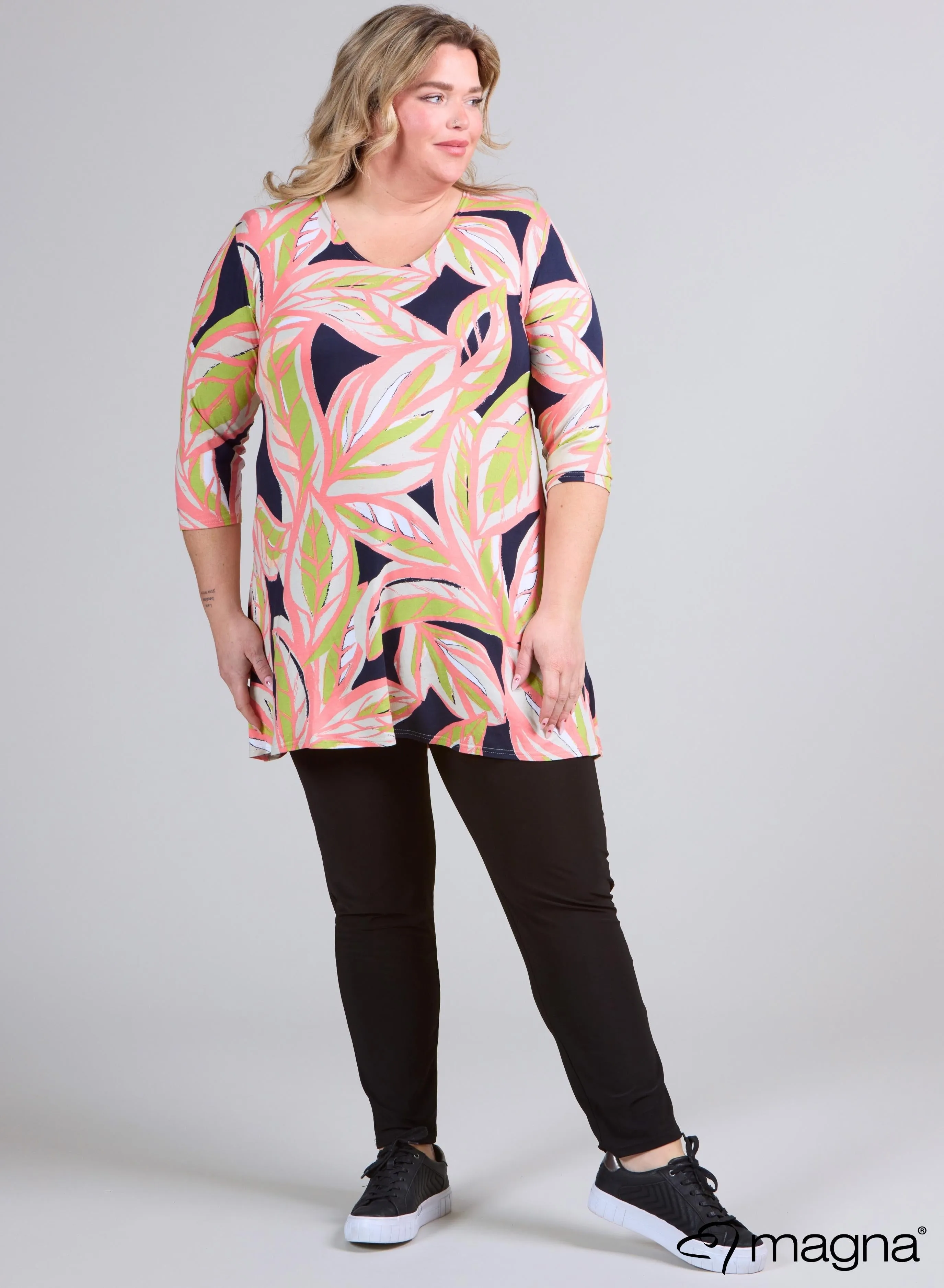 Magna A-line Long Shirt / Tunic Art Leaves Lime Coral