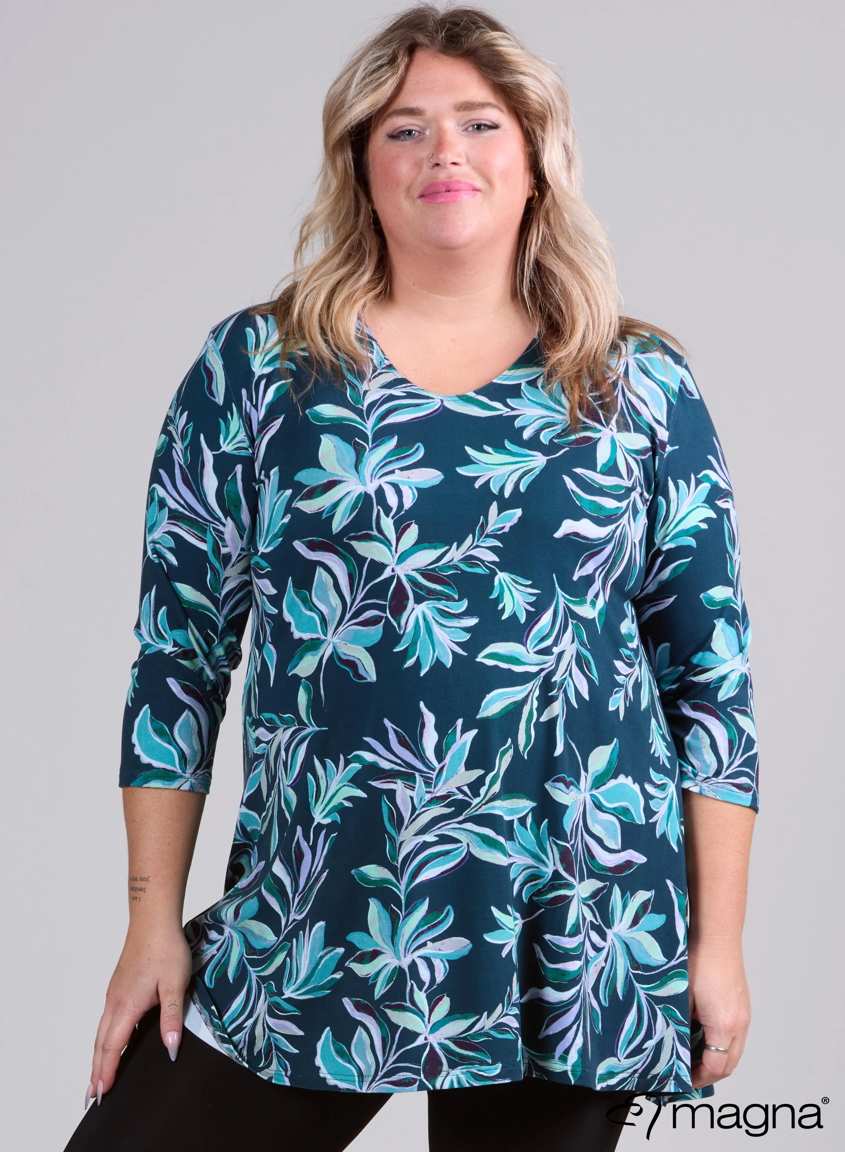 Magna A-line Long Shirt / Tunic Petrol Flower
