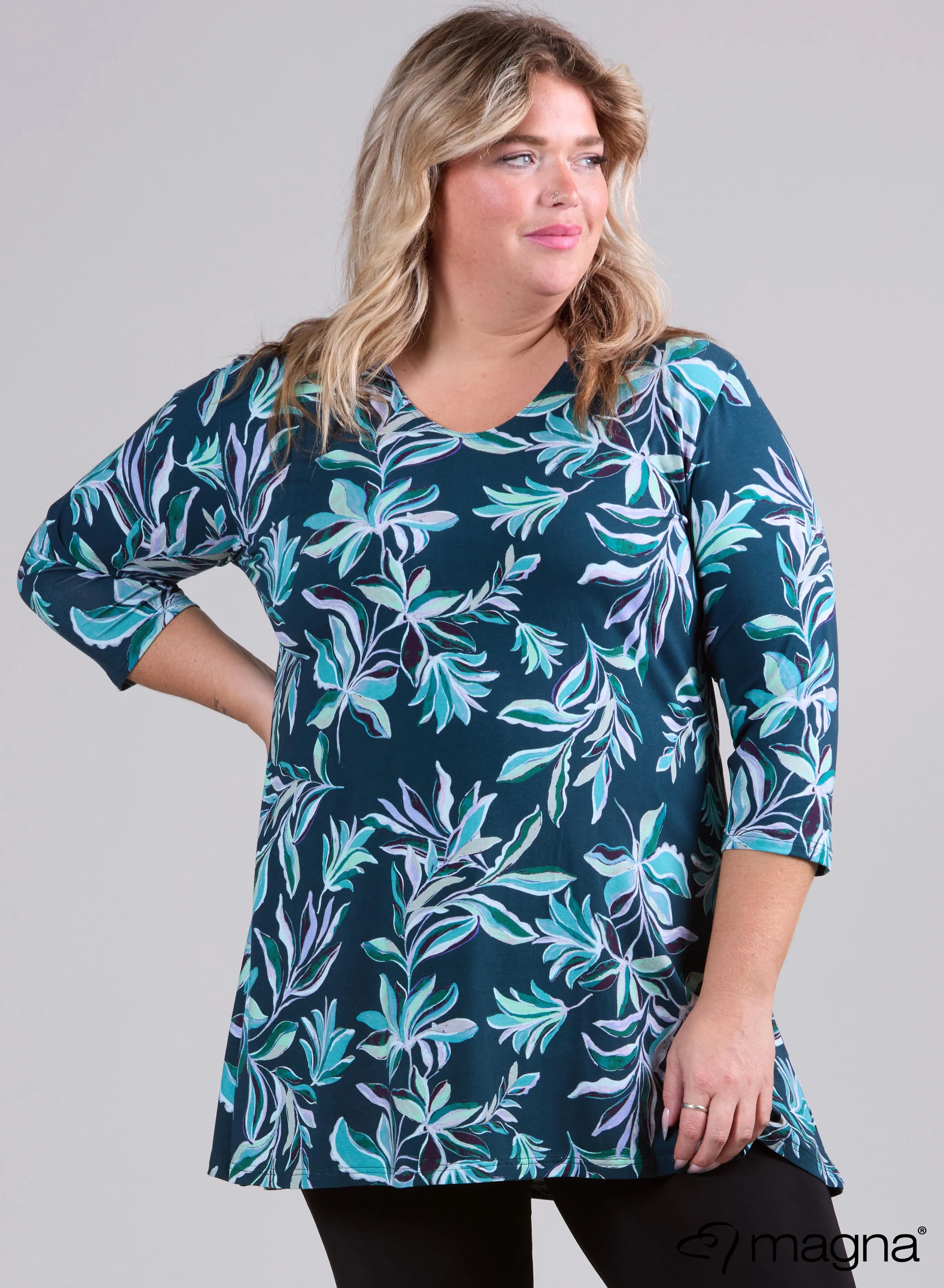 Magna A-line Long Shirt / Tunic Petrol Flower