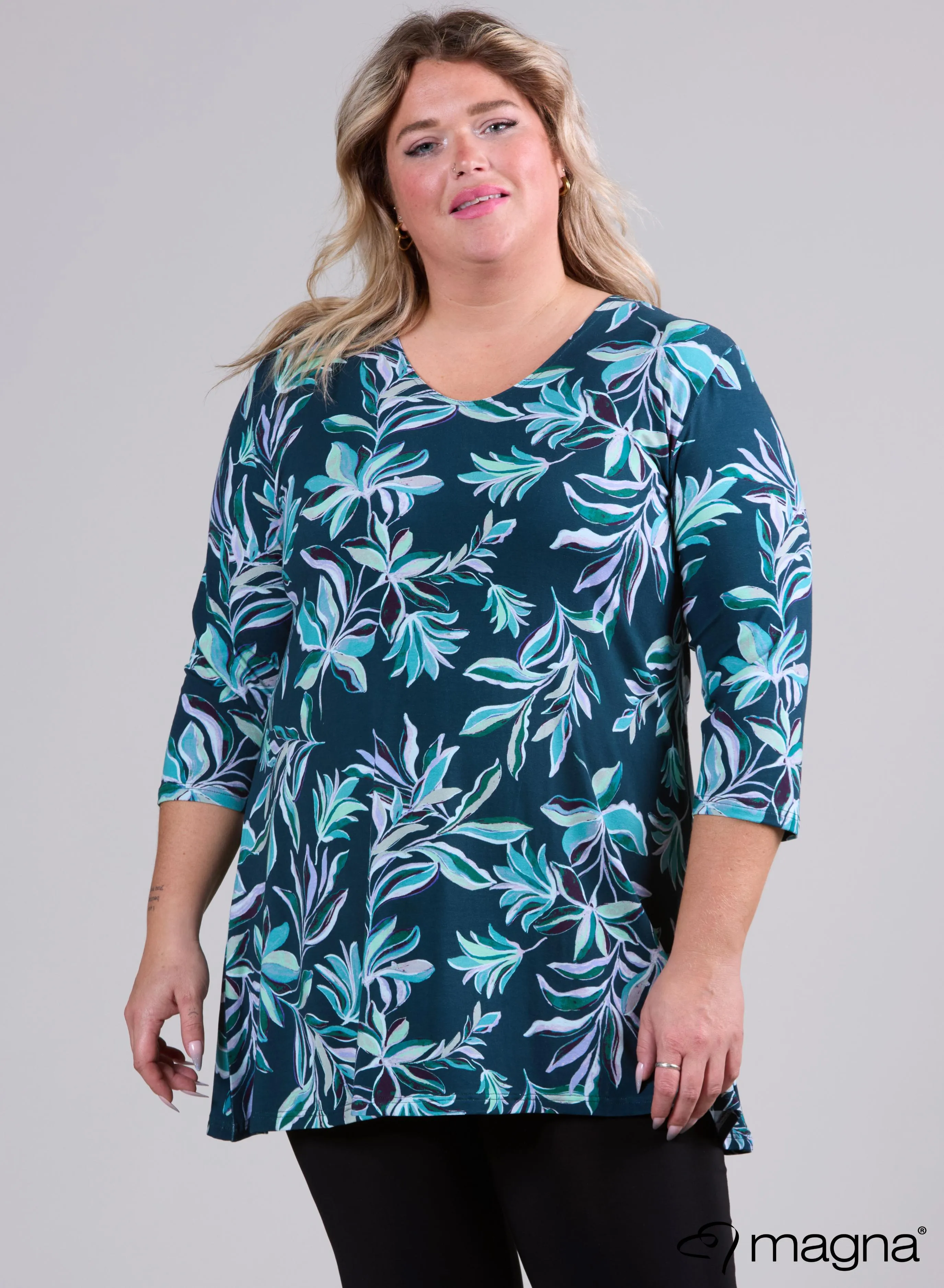 Magna A-line Long Shirt / Tunic Petrol Flower