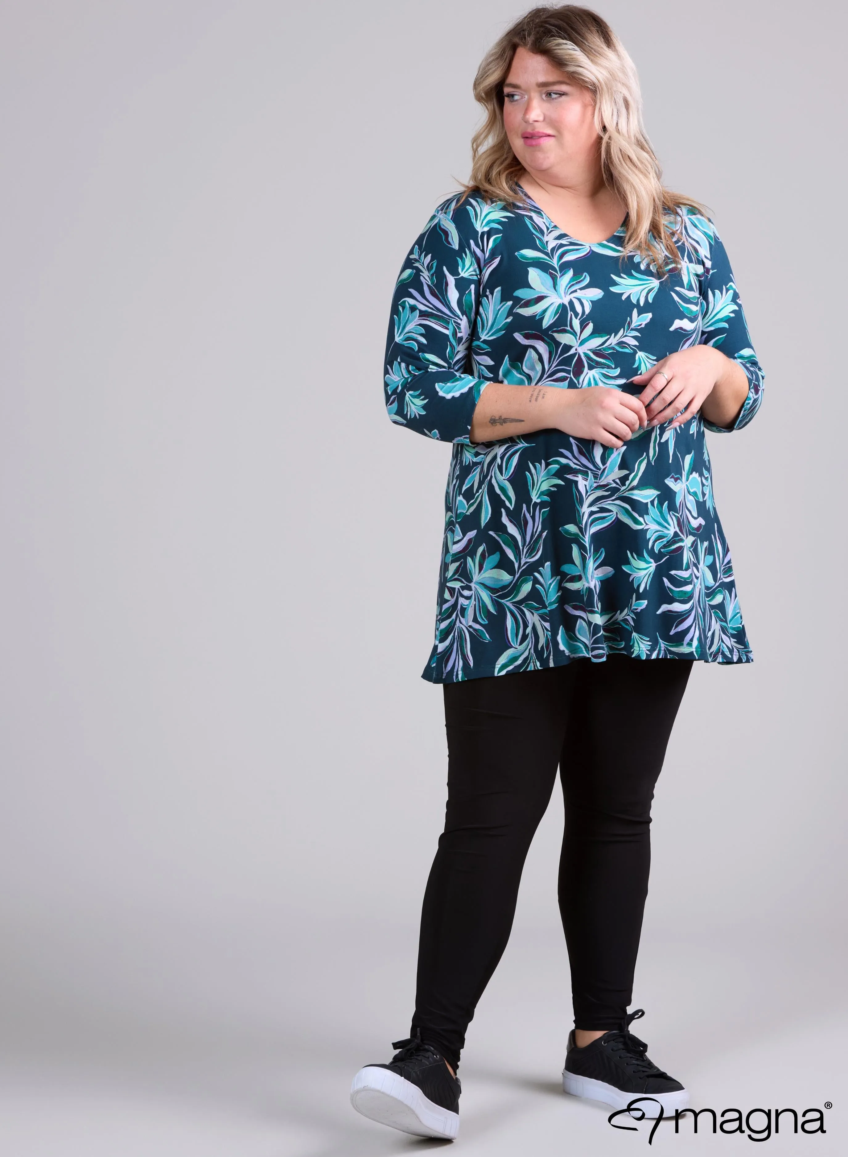 Magna A-line Long Shirt / Tunic Petrol Flower