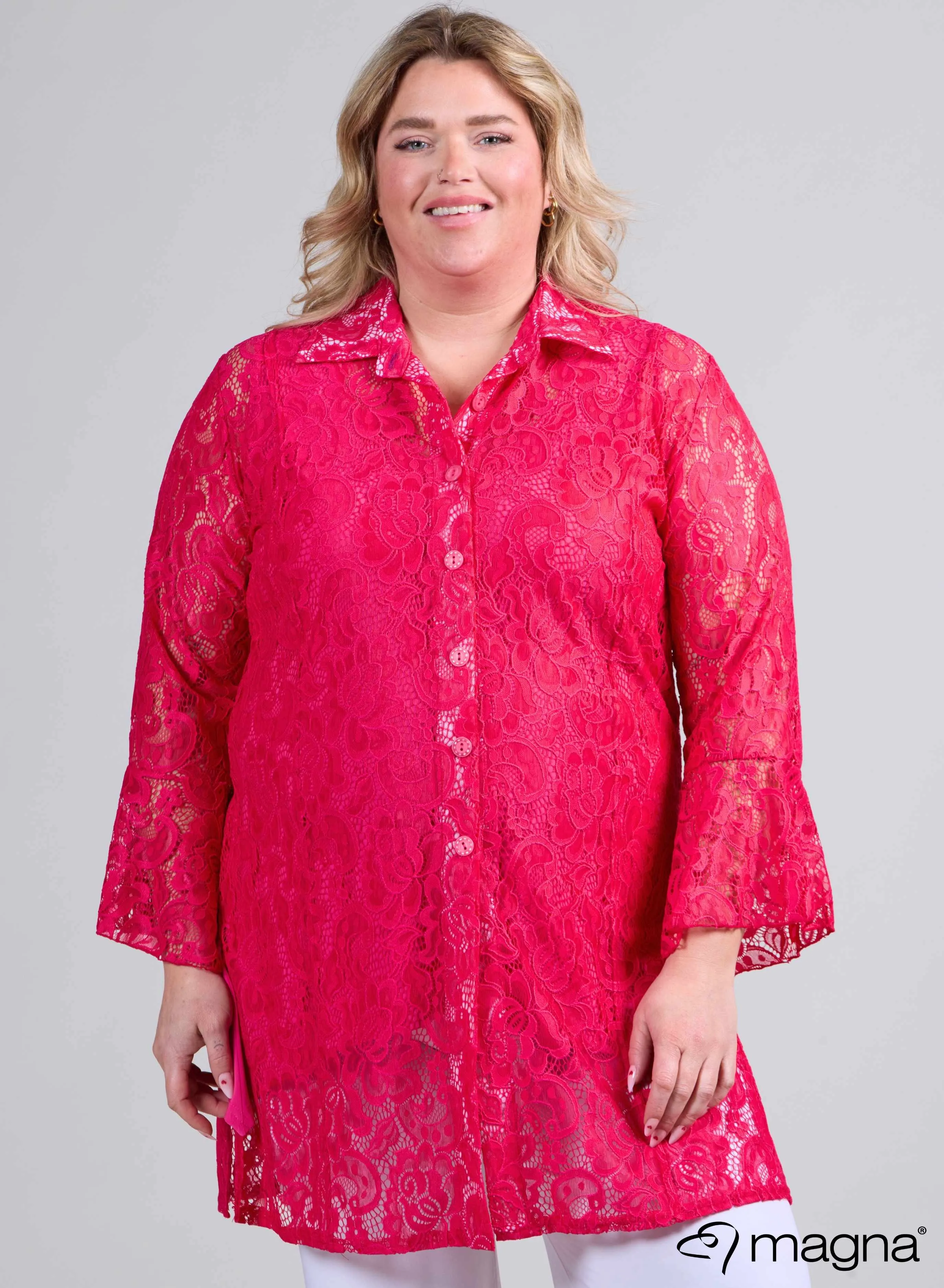 Magna Long Lace Buttoned Blouse Fuchsia