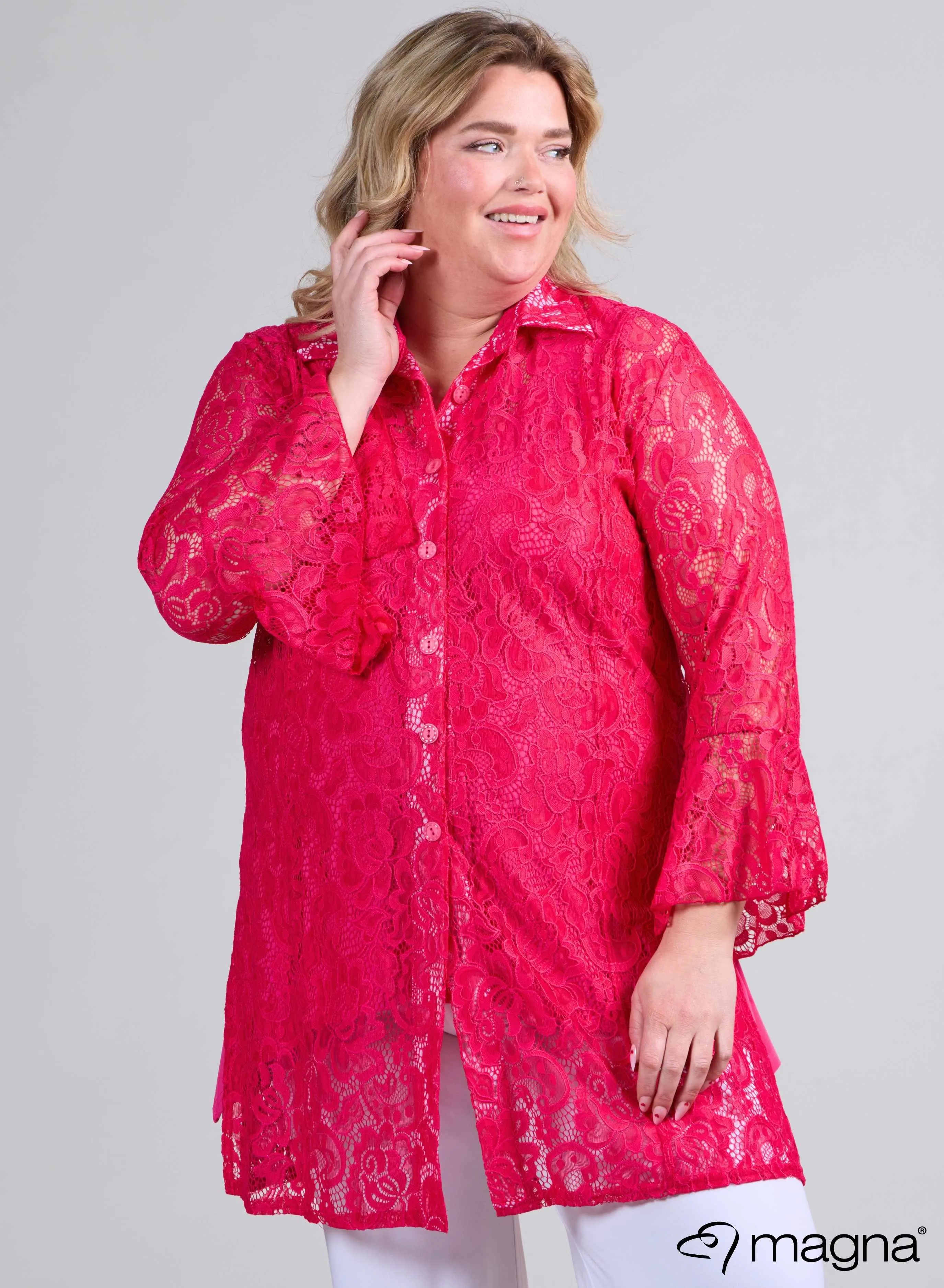 Magna Long Lace Buttoned Blouse Fuchsia