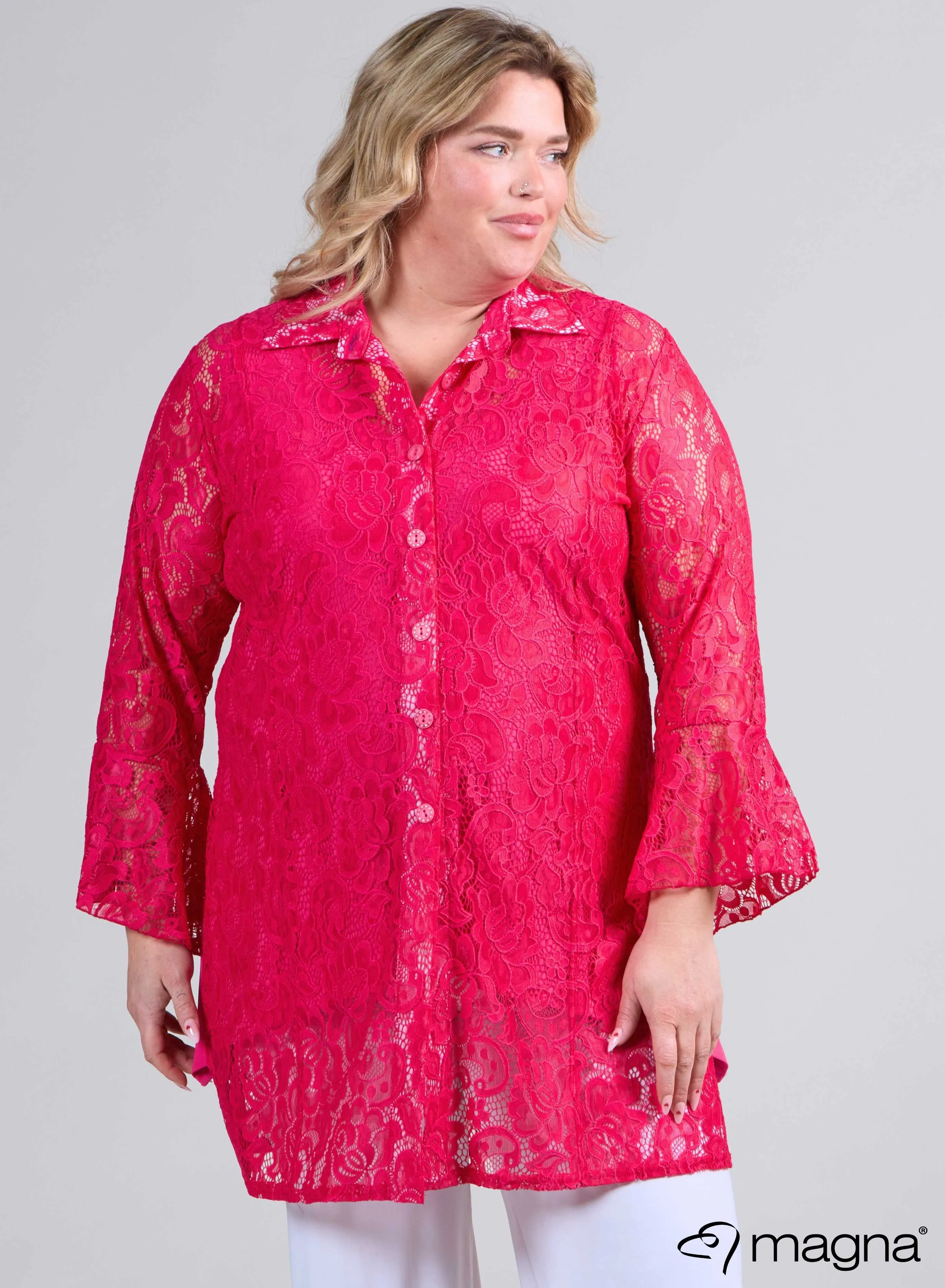 Magna Long Lace Buttoned Blouse Fuchsia