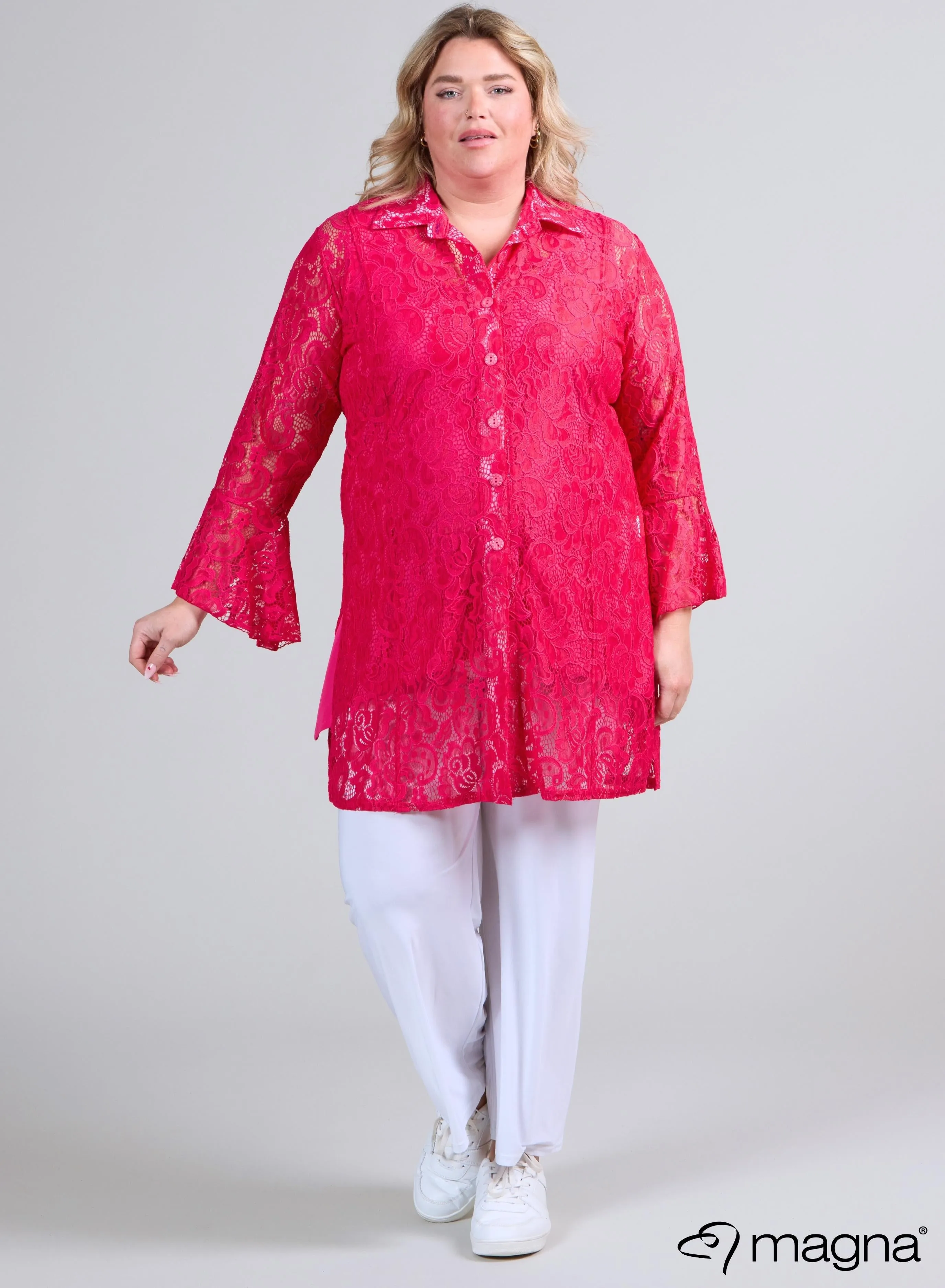Magna Long Lace Buttoned Blouse Fuchsia