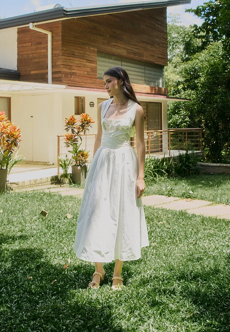 Mathilda White Square Collar Wrap Around Tie Midi Dress