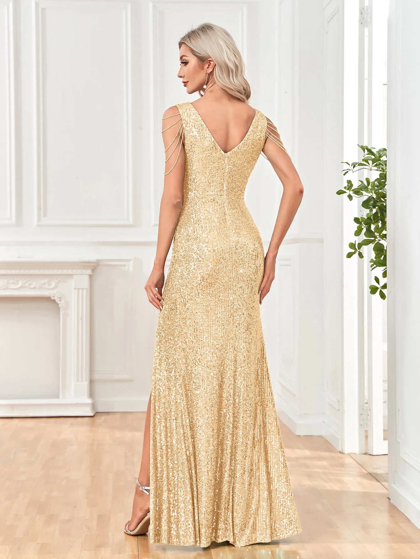 Mermaid/Trumpet Sequin V-Neck Sleeveless Floor Length Prom/Evening Dress with Silt