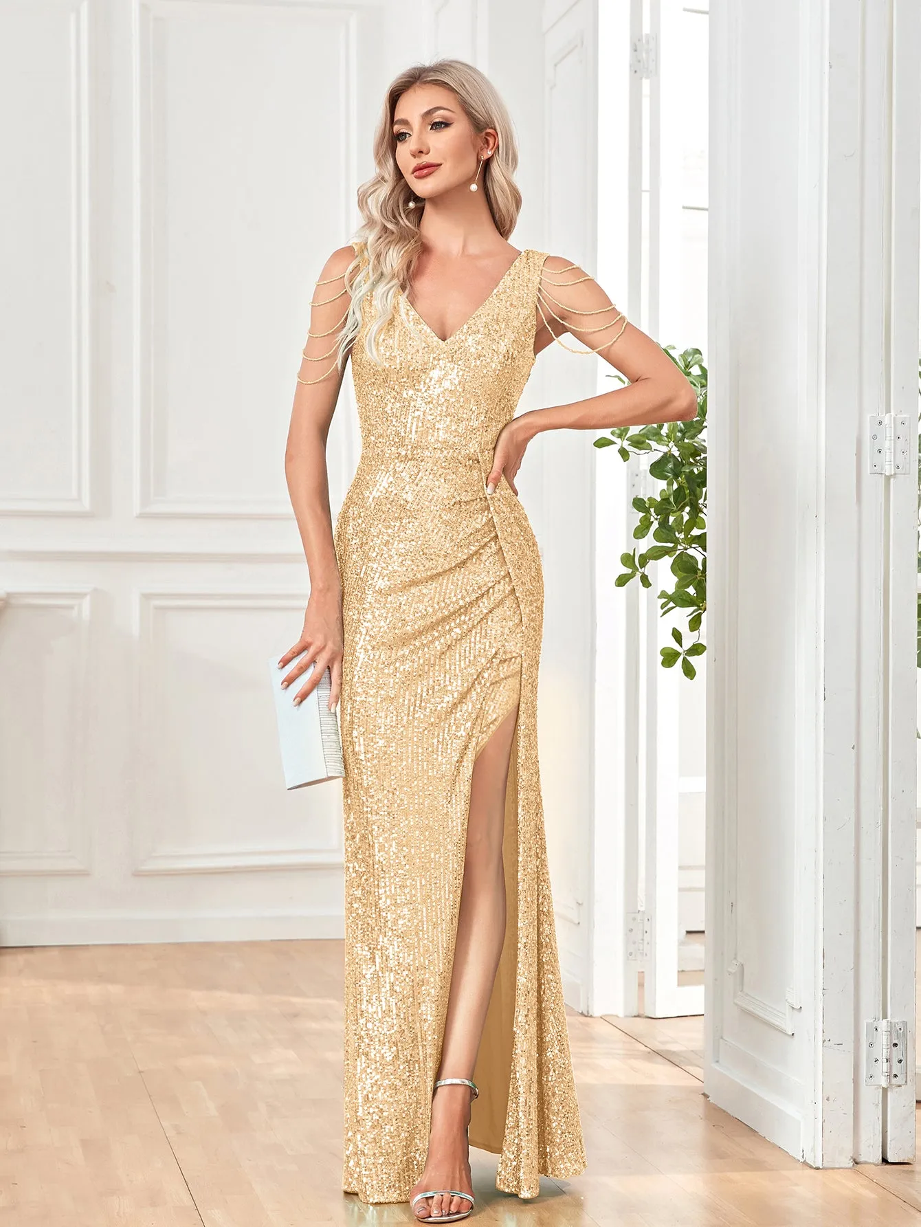 Mermaid/Trumpet Sequin V-Neck Sleeveless Floor Length Prom/Evening Dress with Silt