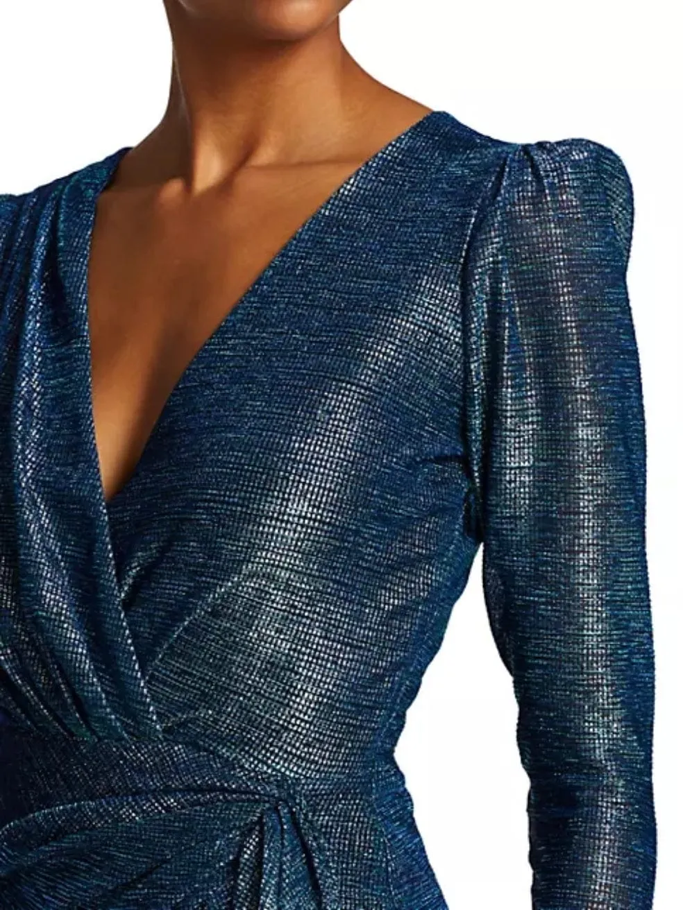 Metallic Faux Wrap Dress in Blue Metallic