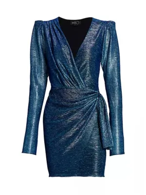 Metallic Faux Wrap Dress in Blue Metallic